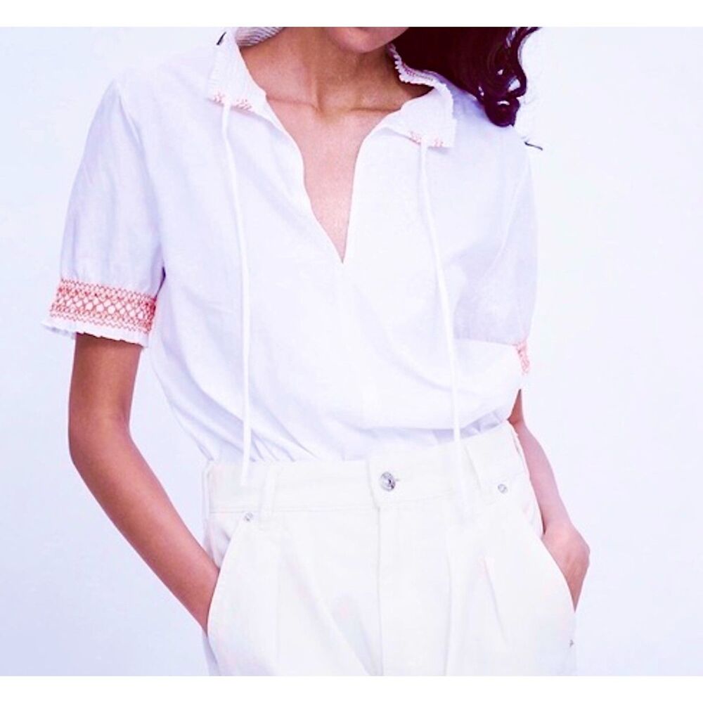 NWT Zara White Cotton Jersey Puff Sleeve Tie Neck top, Orange Embroidery, Sz S/M